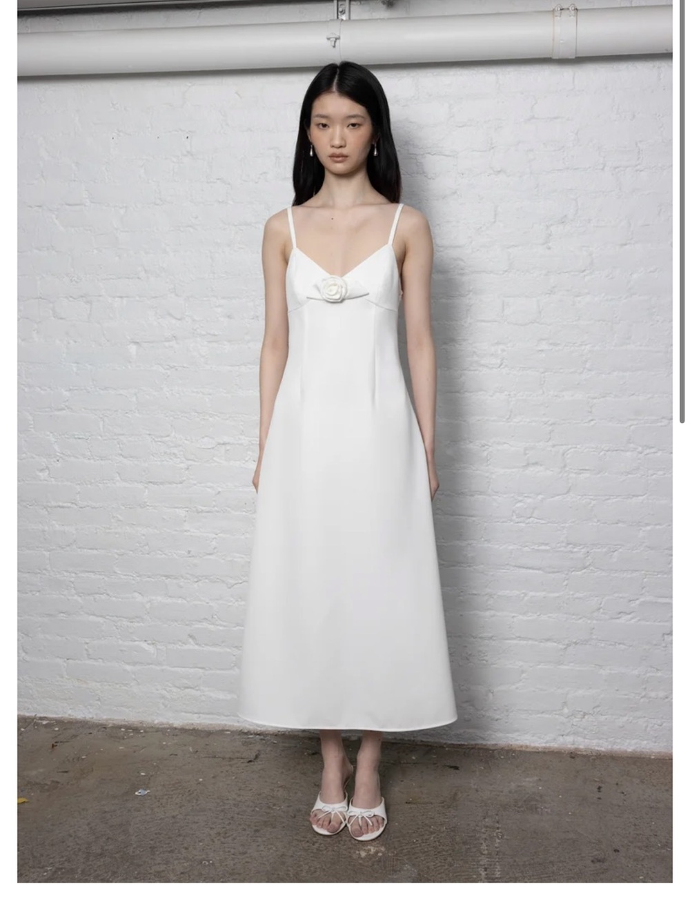Sandy Liang White Spaghetti-Strap Midi Dress with Rosette